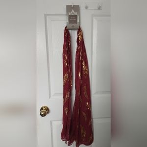 Red Scarf with Gold Feather Pattern